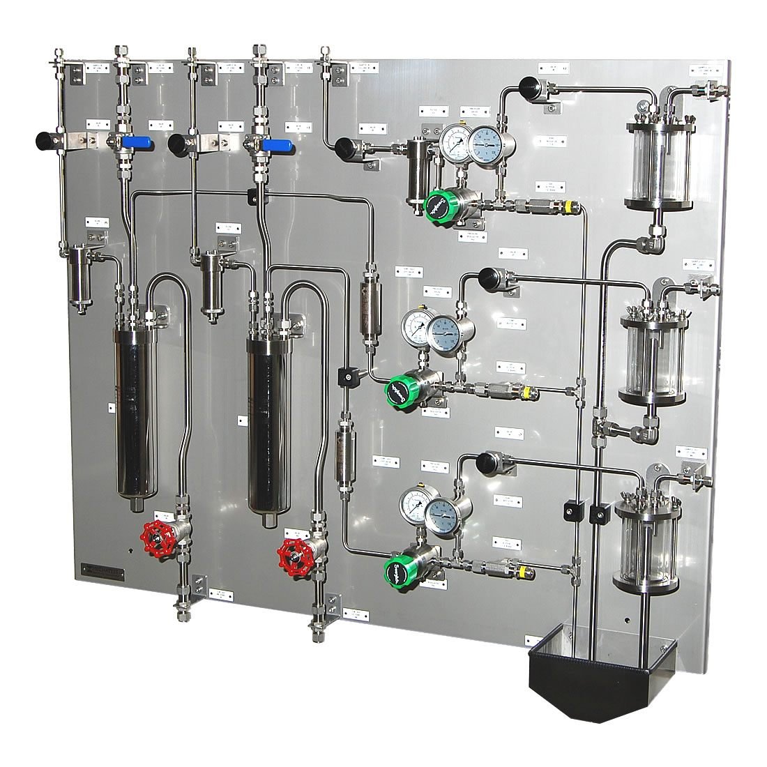 Stainless steel analyser sample conditioning system panel with gauges, filters and regulators