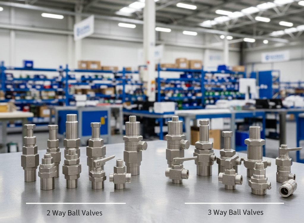 Two way and three way stainless steel instrumentation ball valves arranged by size