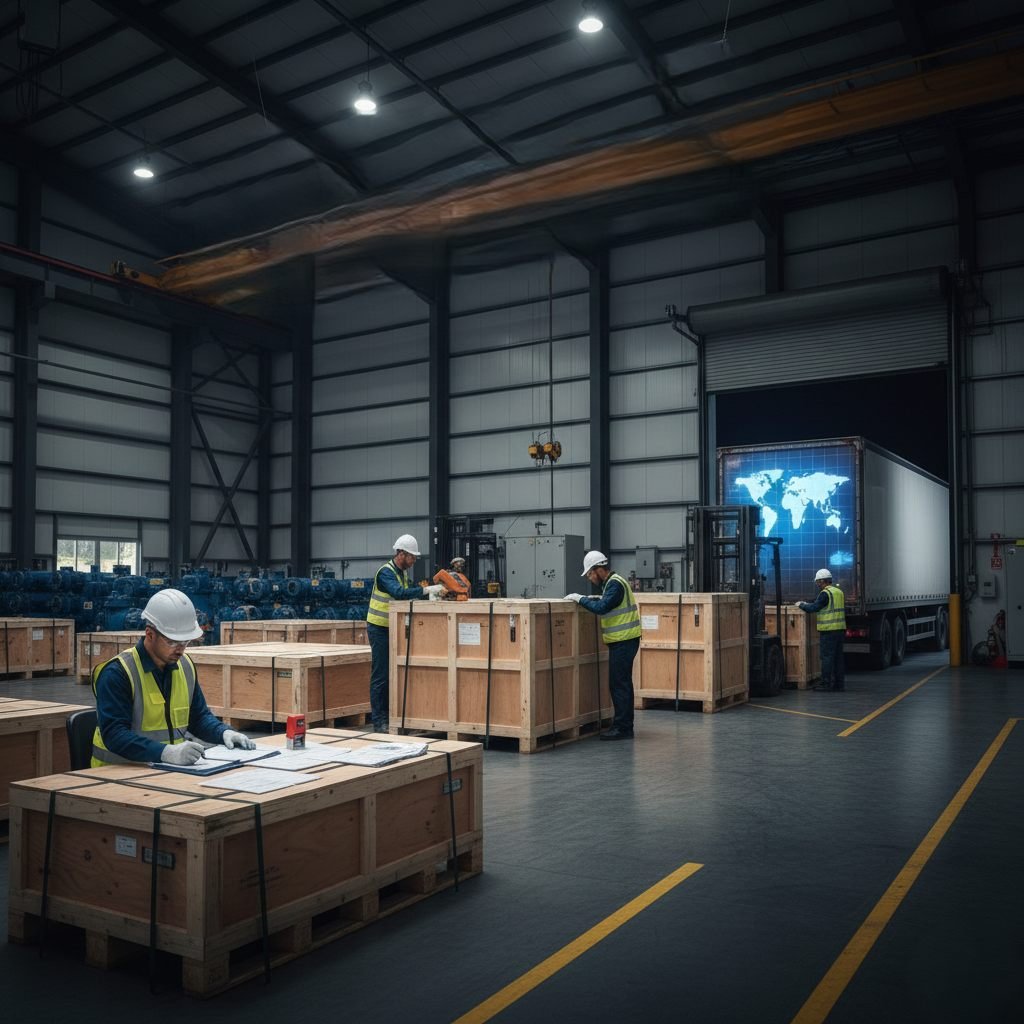 Logistics and export handling with packing, export documentation and global container shipping