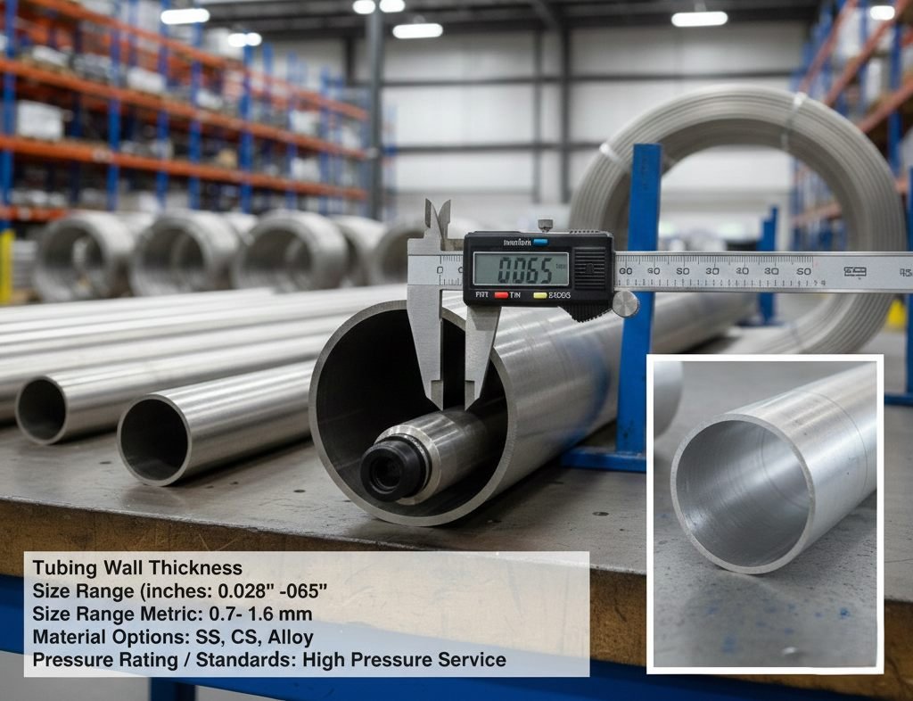 Cross section comparison of instrument tubing wall thickness options from 0.028 to 0.065 inches